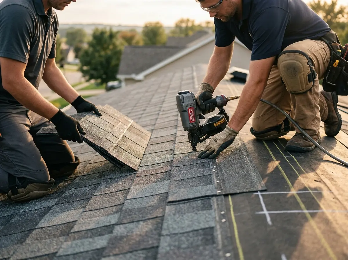 Professional roofer working on a residential roof in Nappanee